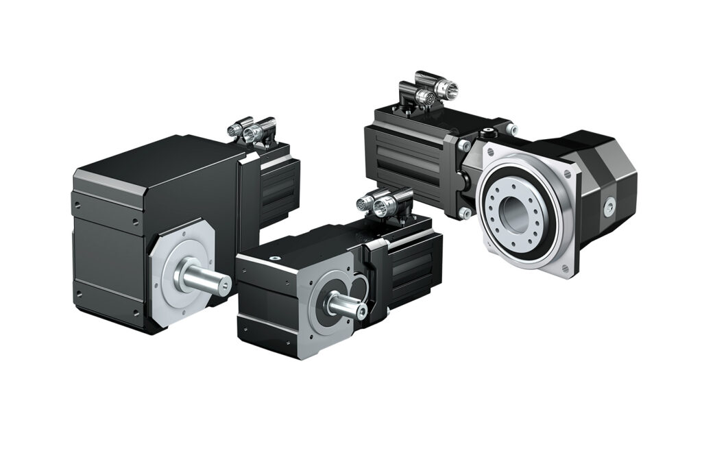 Helical bevel gear units and synchronous servo motors as a compact unit featuring very convenient installation dimensions and a high power density.
