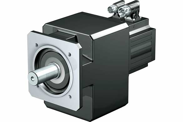 A helical gear unit with high torsional stiffness combined with an extremely compact, highly dynamic STOBER synchronous servo motor. 